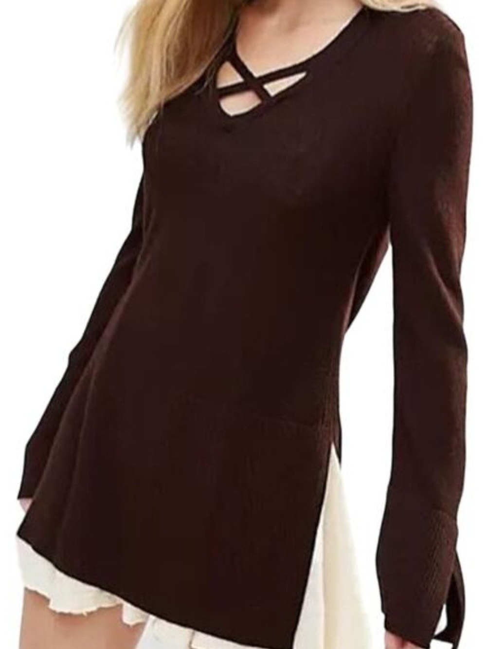 Free People Chocolate Brown Crisscross V-Neck Long Sleeve Tunic